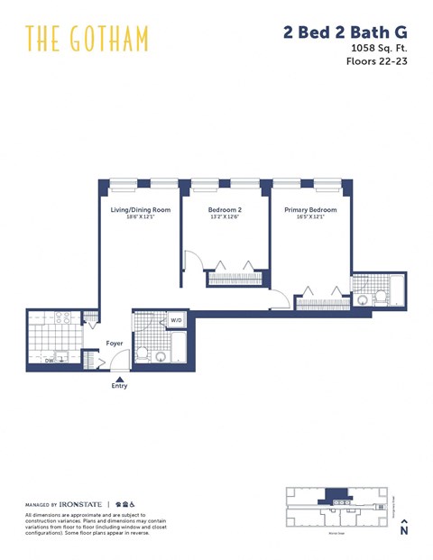Floor plan for 2 beds, 2 baths, 1058 sqft